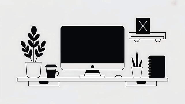 Minimalist black and white desk setup with computer and office supplies