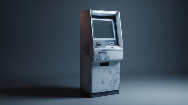 A vintage ATM machine standing alone against a dark background, symbolizing the passage of time and technological evolution.