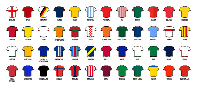 International Soccer Jersey Icons. Vector Set of 2026 World Cup Participating Team Football Shirt Symbols.