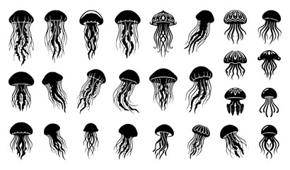 Marine jellyfish silhouette vector assortment featuring ocean creatures isolated on white background © abdul