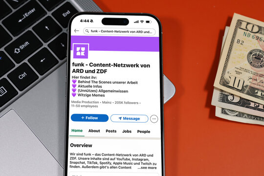 Kiel, Germany - 05-20-2026: funk Content network by ARD and ZDF targeting young audiences Profile on LinkedIn displayed in a workspace enviroment with laptop