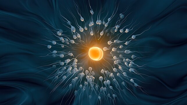 Many sperm cells surround a glowing ovum in a dark, fluidic environment