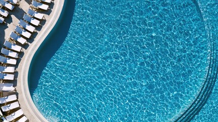 Fototapeta premium Aerial view of a shimmering blue pool with sun loungers and gentle wave patterns