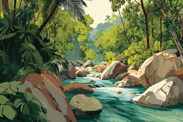 Tropical Jungle River Landscape Vector Illustration with flowing stream rocks lush rainforest vegetation exotic nature scenery and vibrant eco tourism destination © Rahmat