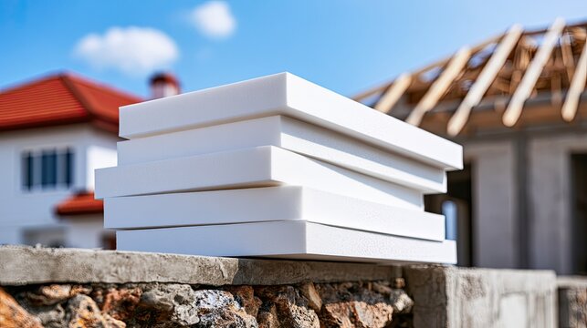 Stacked white building insulation boards sit on a stone wall, construction site