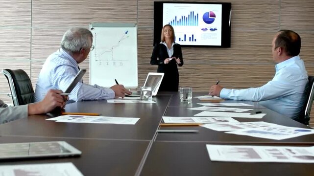 Businesswoman Presenting Financial Data in Boardroom Meeting