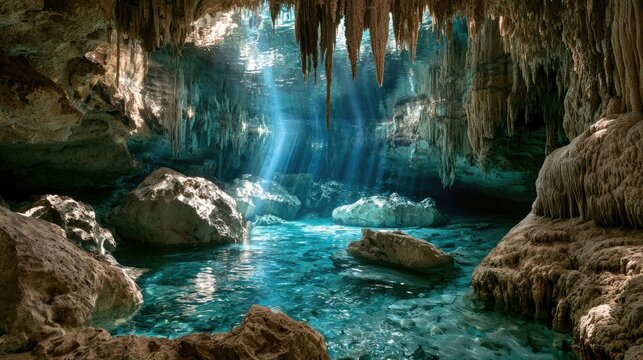 Sunbeams pierce cavern ceiling, illuminating clear blue water and rock formations
