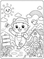 Fototapeta premium Cute Kitten Coloring Page Adventure Outdoor Scene