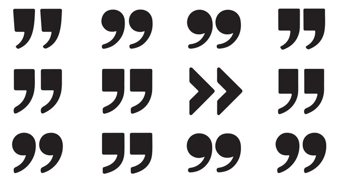 Multiple quotation marks and double chevron icons for editorial text design and pagination.