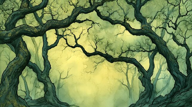 Mystical fantasy forest with gnarled ancient trees in misty atmosphere