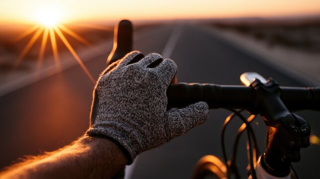Hand in glove grips handlebars of bicycle on desert road at sunset