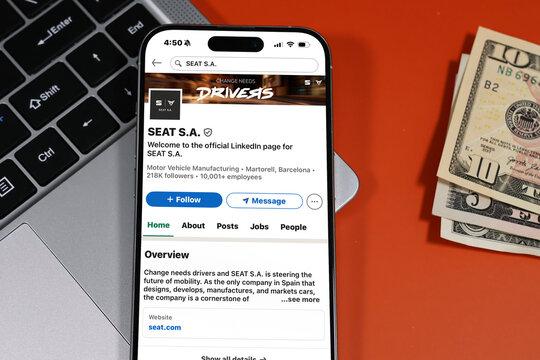 Kiel, Germany - 05-20-2026: SEAT S.A. Spanish automotive manufacturer Profile on LinkedIn displayed in a workspace enviroment with laptop