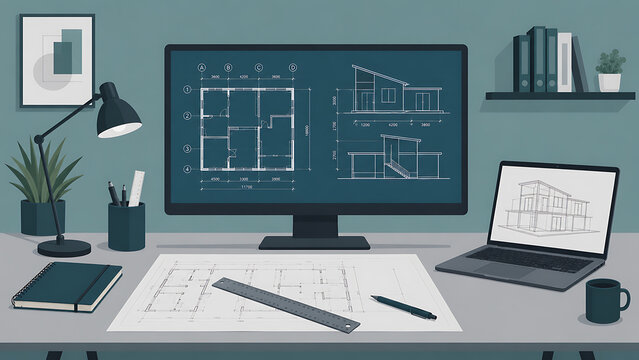 A minimalist flat vector design of an engineering workspace setup displaying architectural house plans and measurement annotations on both a large desktop monitor and an open laptop screen, arranged