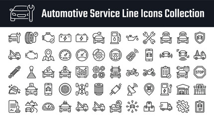 Fototapeta premium Automotive service line icons collection set of car repair, maintenance, vehicle diagnostics, auto parts, and transportation icons