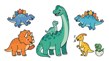 Cute Cartoon Dinosaurs Family, Various Species, Isolated on White Background © khimsa