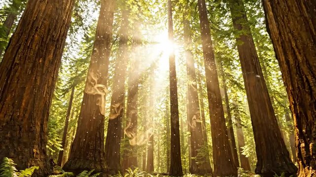 Sunbeams filter through towering redwood forest with visible dust motes