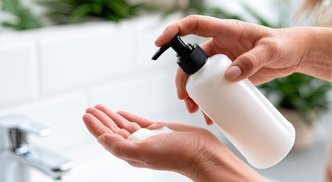 Hands pump liquid soap into palm, creating a foamy lather