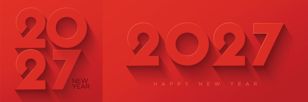 Modern 2027 New Year Typography Background with Minimal Monochrome Red Design and Long Shadow Style