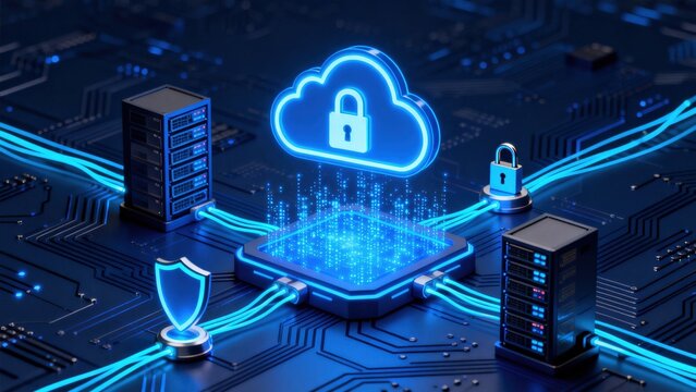 Secure cloud server connection with cybersecurity protection and encrypted digital infrastructure, modern data storage network concept, idea for IT security solutions
