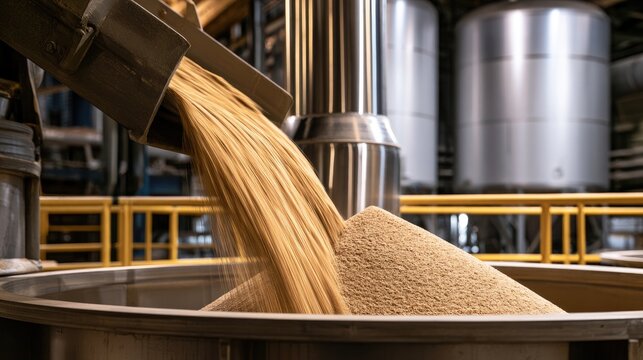 Coarse light-brown granular material cascades from a chute into a large vat