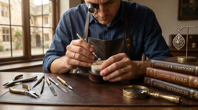 Close up of aged hands meticulously crafting leather with detailed skin texture and craftsmanship in a vintage workshop