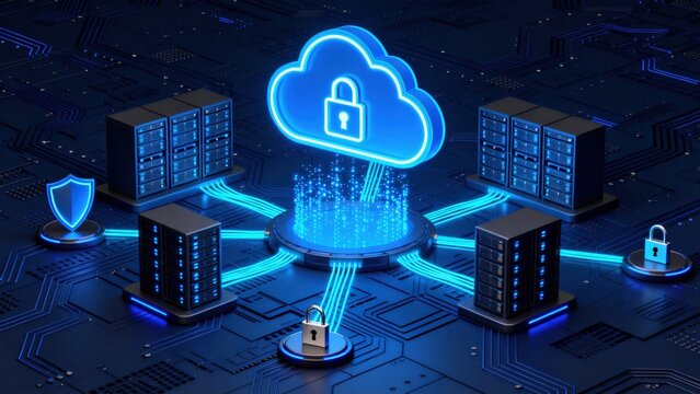 Cloud computing network with secure server infrastructure, encrypted data storage and cybersecurity protection system background, idea for enterprise technology services