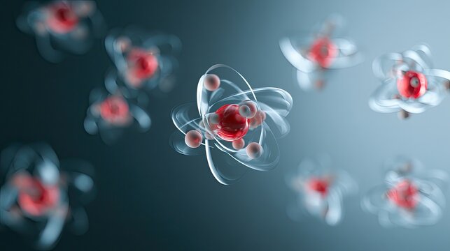 Swirling atomic structures with glowing red cores on a gradient background