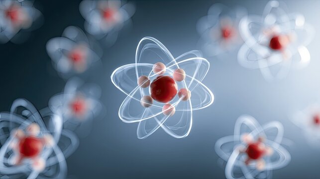 Glowing atomic structures with central nuclei and orbiting electrons