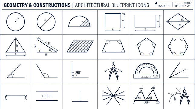 Architectural Blueprint Icons: Geometric Shapes, Constructions, and Drafting Tools
