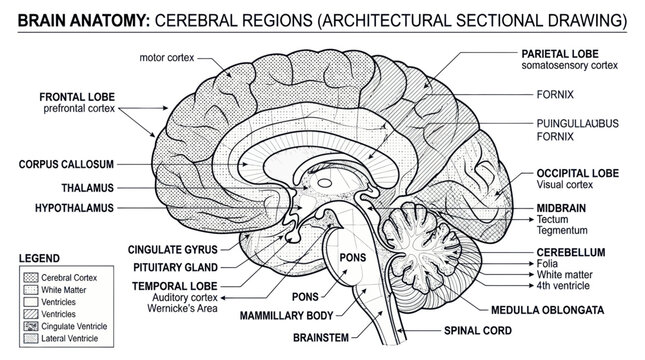 Brain Anatomy Diagram: Cerebral Regions Sectional Drawing with Labels