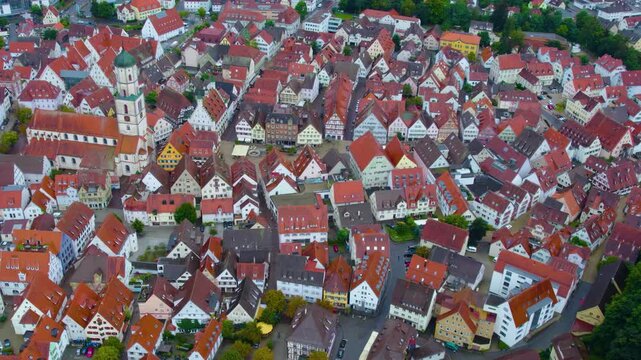 Aerial panorama view of the city Biberach in Germany, Baden-W&uuml;rttemberg on a cloudy afternoon in summer.