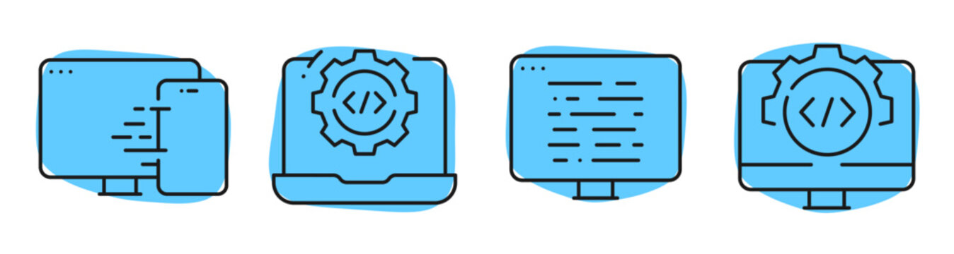 Computer coding icons showing development and automation on screens. Editable stroke