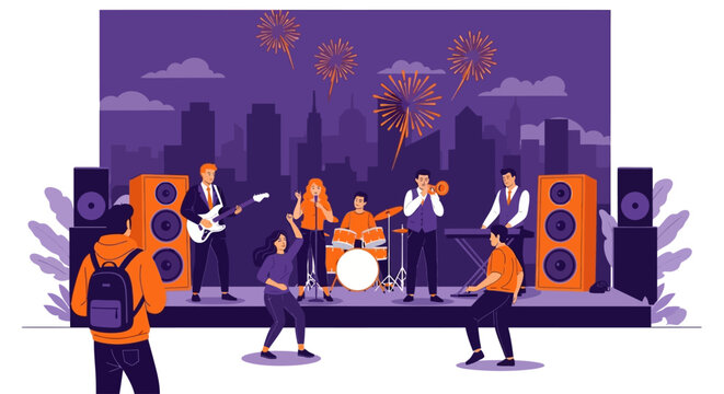 Music band performing on outdoor city stage, live concert concept, purple background