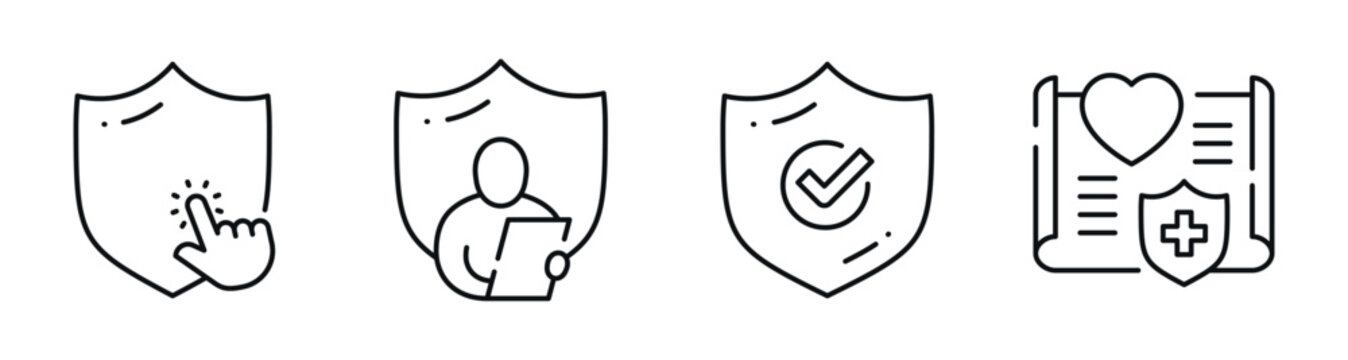Shield icons showing verification and health record concepts. Editable stroke
