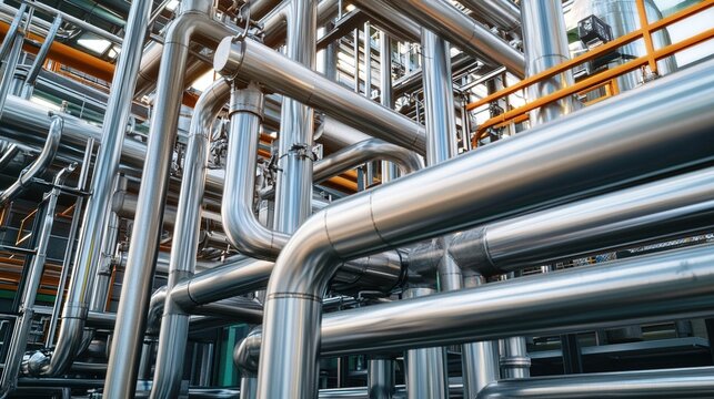 unsaid. Close-up of industrial furnace steel structure, intricate network of pipes and valves. safety posters, maintenance manuals, designed for industrial assembly lines and welding operations.