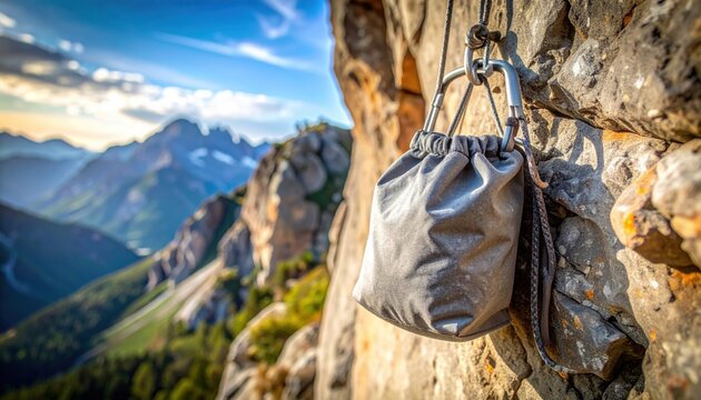 Close up of a gray textured climbing chalk bag hanging on a rocky mountain face with a scenic blurred background of peaks and blue sky