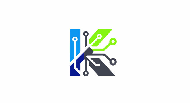 Abstract letter K logo in blue, green, and gray circuit board design