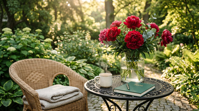 Cozy Garden Retreat with Peony Bouquet, Coffee and 2026 Planner in Morning Sunlight