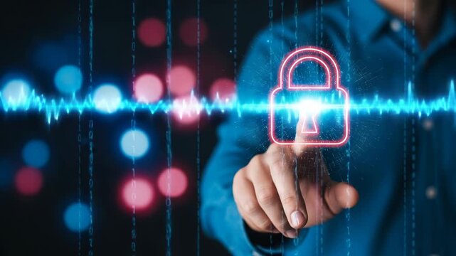 Cybersecurity concept with a hand touching a glowing padlock icon