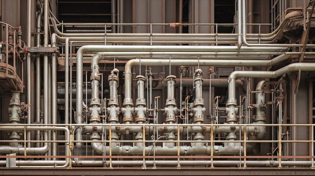 unsaid. Close-up of industrial furnace steel structure, intricate network of pipes and valves. safety posters, maintenance manuals, designed for industrial assembly lines and welding operations.