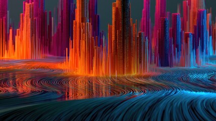 Fototapeta premium Abstract flow of colorful strands forms vibrant, glowing cityscape