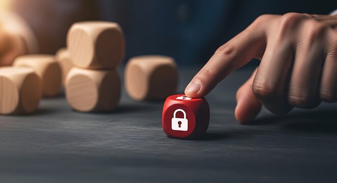 Finger pointing at red wooden die with padlock icon highlighting cyber security and privacy concept
