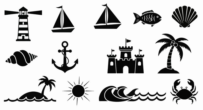 A collection of nautical and beach-themed black and white icons