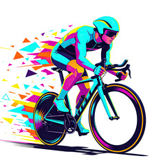 Fototapeta premium Colorful Abstract Speed Cyclist on Time Trial Bicycle with Geometric Motion Trails Isolated on Transparent Background, Generative AI