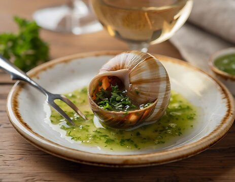 Escargot dish served with garlic herb butter and a snail fork on a rustic wooden table.