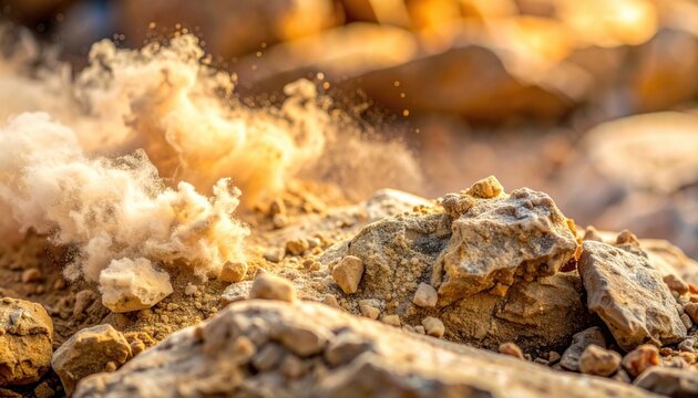 Close-up view of dusty earth and rocks with particles exploding in warm sunlight
