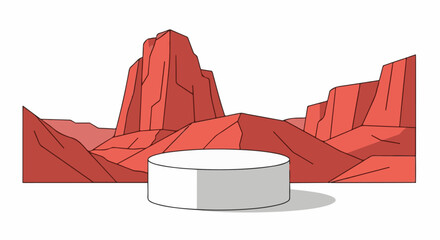 A white podium stands in front of a stylized desert canyon landscape © ani