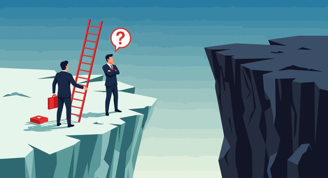 Businessmen on cliff edge with ladder and question mark, uncertainty concept