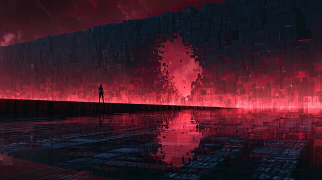 Lone figure faces immense, glowing digital wall with abstract red portal