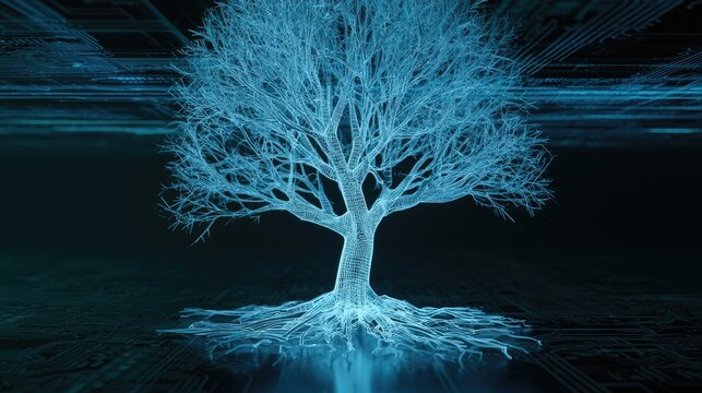 Glowing digital tree with intricate roots and circuit board background